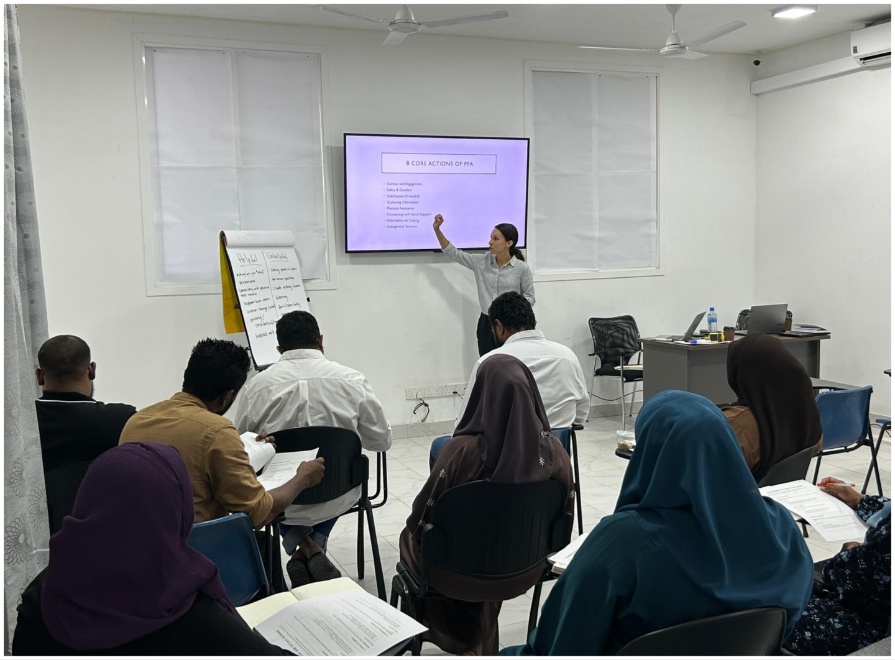 Trainer explaining a theme as participants look towards the screen.