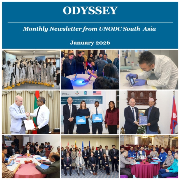 Collage of photos depicting various activities conducted by UNODC in January 2026.