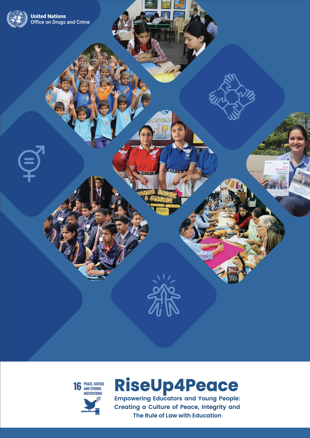 A poster depicting a collage of students and educators, with RiseUp4Peace in the bottom as a banner. 