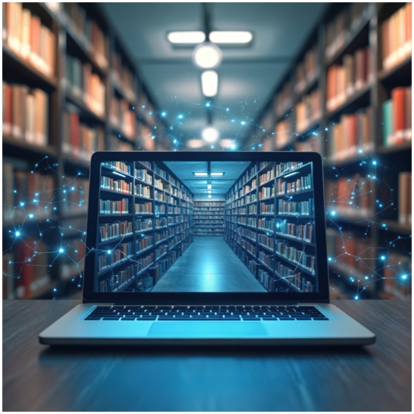 Image of a laptop placed in a library, with the screen displaying books on shelves.